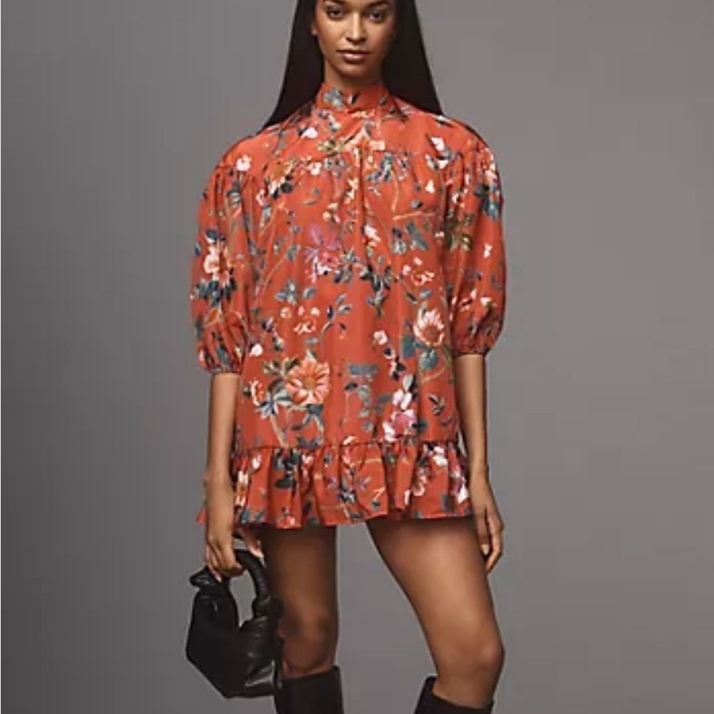 Anthropologie Red Floral Puff Sleeve Mini Dress Small - Picture 2 of 9